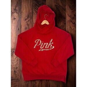 Victoria’s Secret PINK Red Hoodie Sequin Logo Pullover Sweatshirt Women’s Small